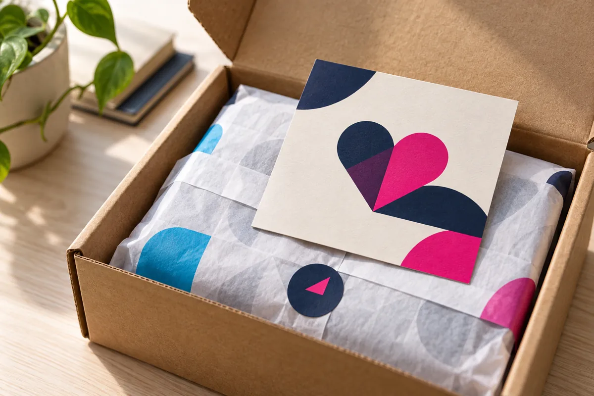 Tarjeta de agradecimiento dentro de una caja de envío kraft con papel de seda