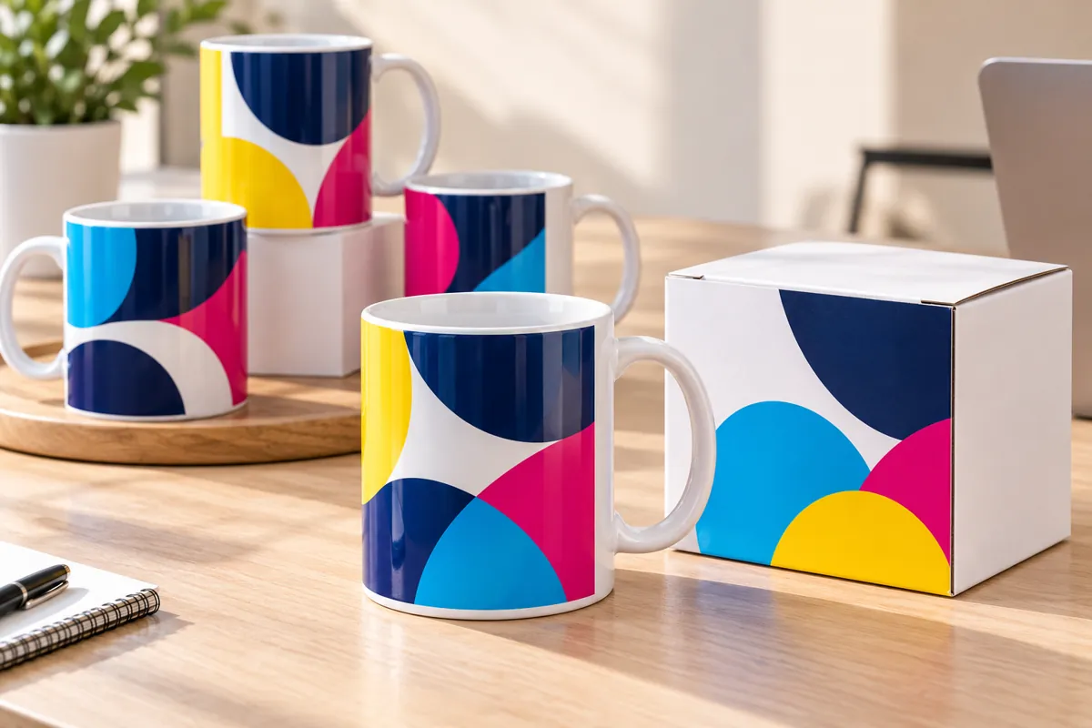 Tazas blancas de 11 oz sublimadas con logos y su caja individual